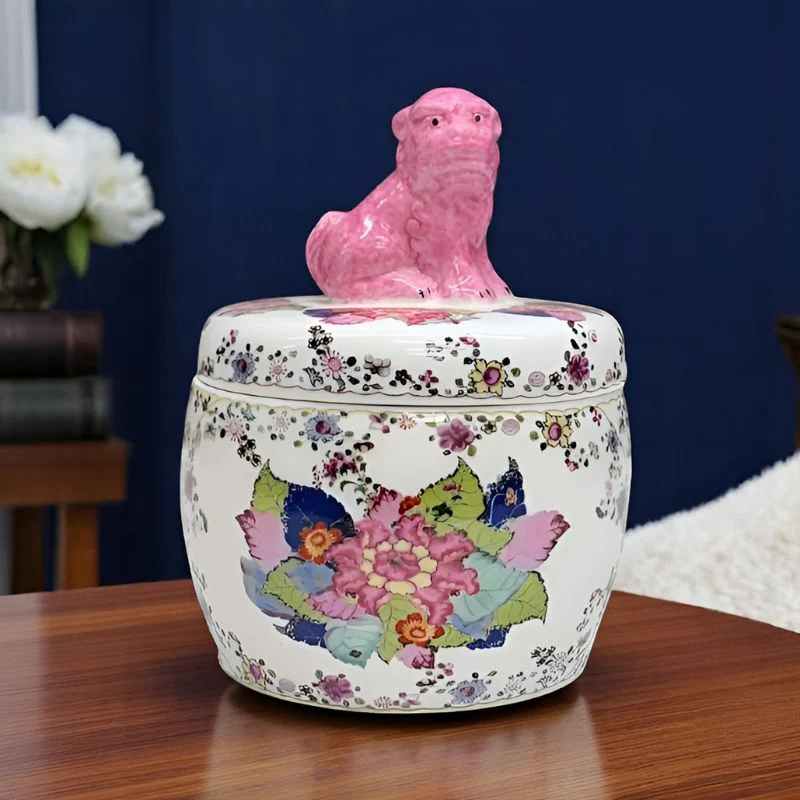 Tobacco Leaf Jar with Pink Foo Dog Lid