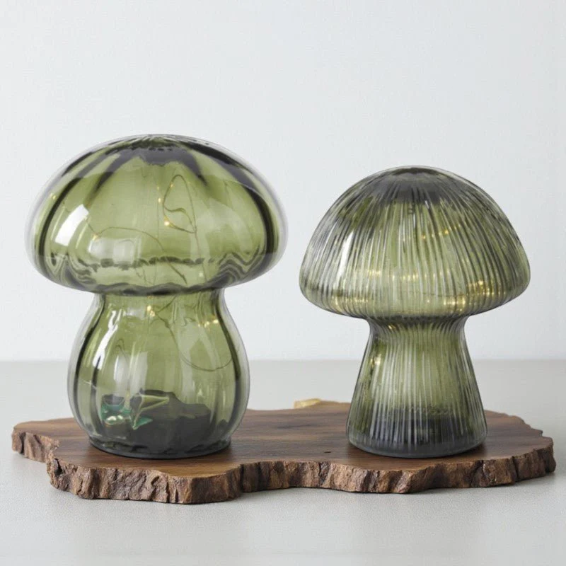 Green Glass LED Mushrooms – Set of 2