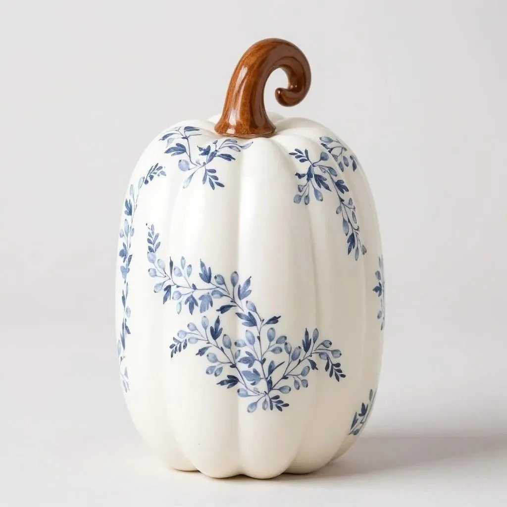 Blue & White Floral Ceramic Pumpkin- Assorted Sizes - Image 2