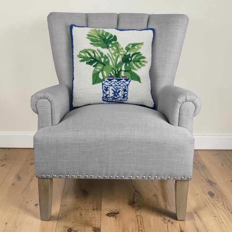Blue Chinoiserie Monstera Plant Hook Pillow - Image 2